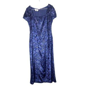 Womens 10 Boho Chic Blue Metallic Flowy Burnt Velvet Narrow Waist Gown Kay Unger